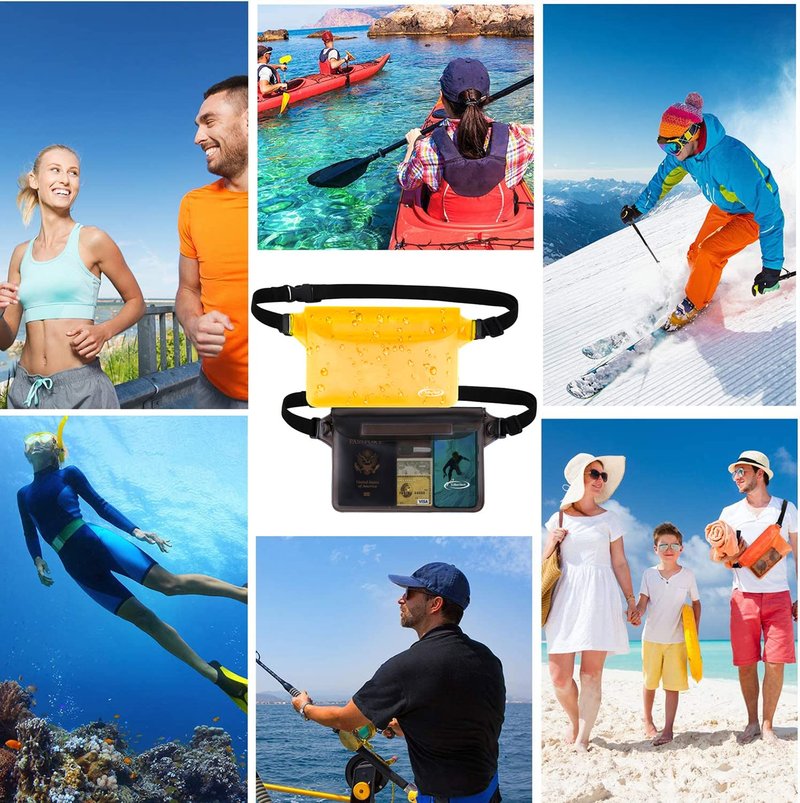 AiRunTech Waterproof Pouch with Waist Strap (2 Pack) | Beach Accessories Best Way to Keep Your Phone and Valuables Safe and Dry | Perfect for Boating Swimming Snorkeling Kayaking Beach(Grey+Yellow)