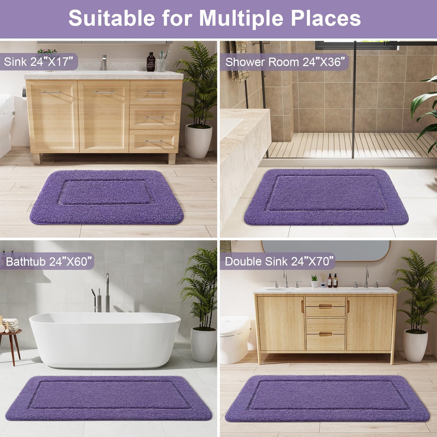 LOCHAS Bathroom Rugs, 24" x 48" Long Bath Rug, Non Slip Washable Bathroom Runner Rug Soft Thick Absorbent Bath Mat for Shower, Shaggy Plush Luxury Large Bath Rug, Purple