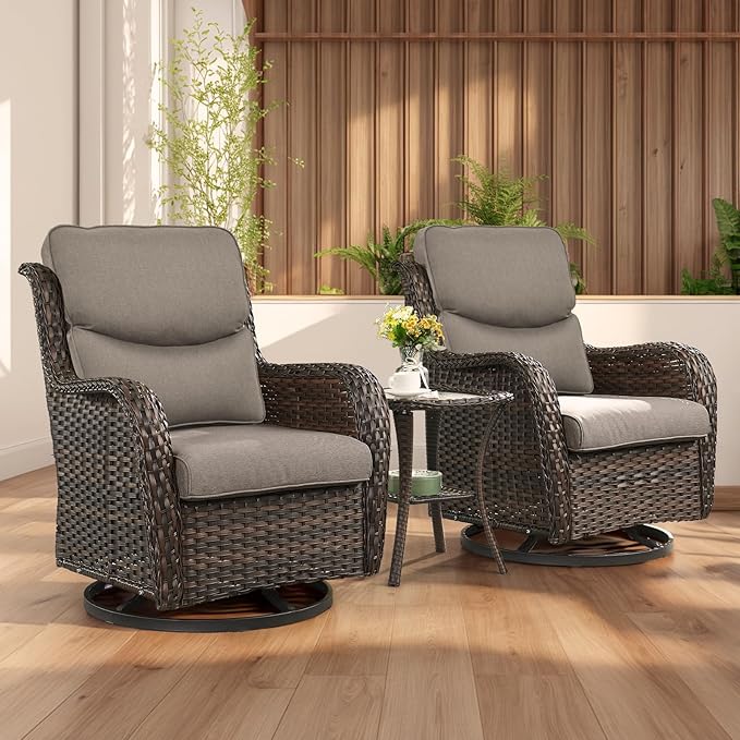 Rilyson Wicker Rocking Chair Swivel Chairs - 2 Piece Rocker Patio Chairs Set Rattan Rocking Chair for Outdoor Porch Deck Garden Backyard (Brown/Grey/Smile)