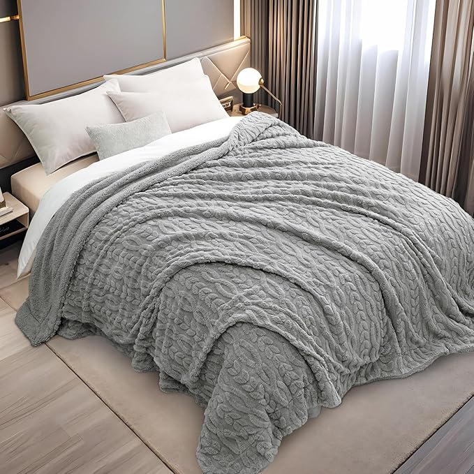 PHF Fluffy Sherpa Blanket Twin Size for Winter, Warm and Soft, 510GSM 3D Jacquard Thick Shaggy Fleece Plush Blanket for Sofa Bed, Grey, 60"x80"