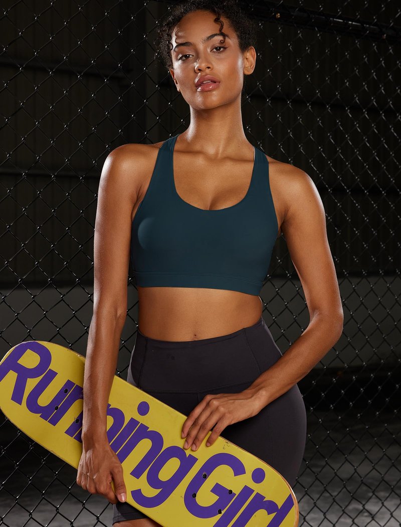 RUNNING GIRL White Sports Bra for Women, Criss-Cross Back Padded Strappy Sports Bras High Support Yoga Bra with Removable Cups(2353_Dark Blue_S)
