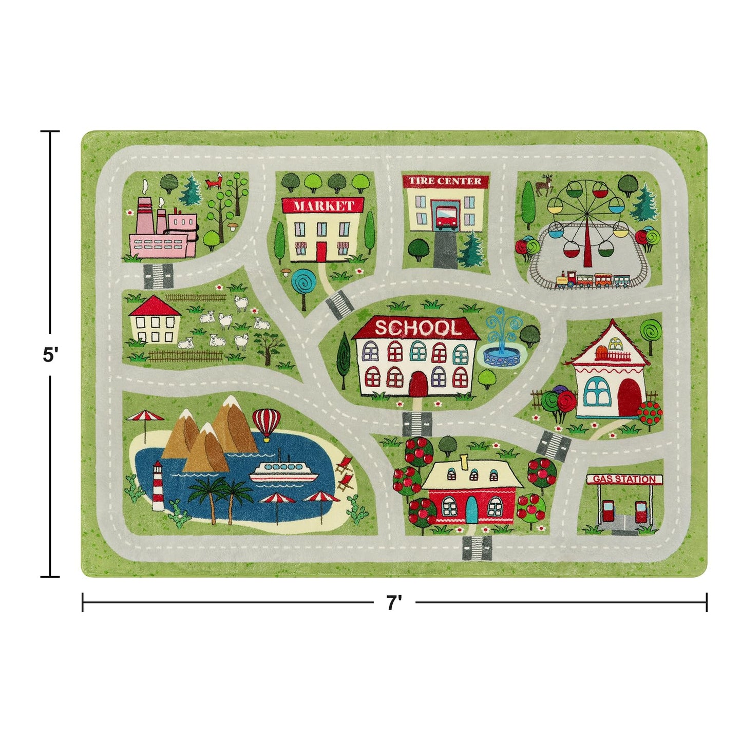 LIVEBOX Green Kids Playroom Rug, 5'x7' Washable Road Rug for Kids Room, Non-Slip Soft Car Rugs Play Mat for Baby Nursery, Large City Traffic Rugs Classroom for Boys Girls Dorm Toy Room Tent