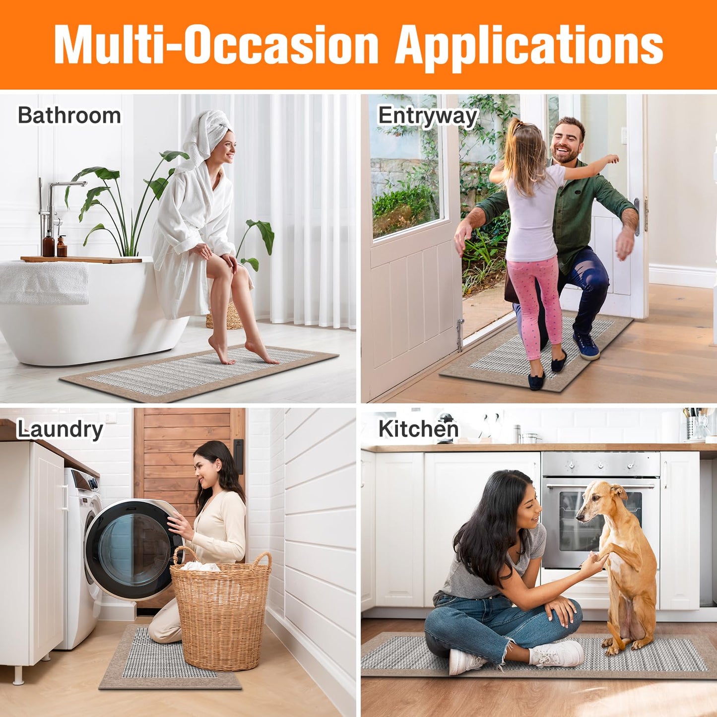 StepRite Kitchen Mats for Floor, Non-Slip Kitchen Rugs Set of 2 PCS, Super Absorbent Washable Kitchen Mats with Rubber Backing, Runner Mats for Front of Sink (20"x32"+20"x60" Khaki)