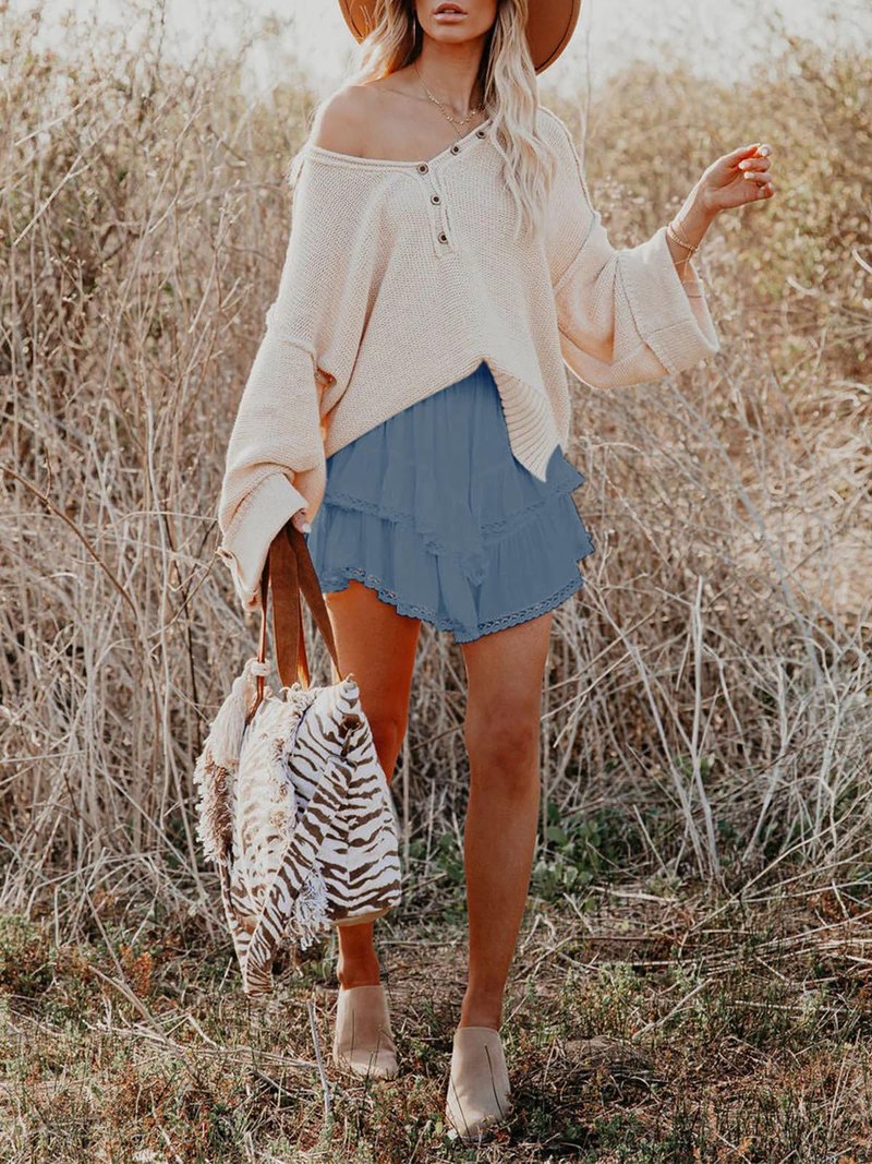 Aoudery Flowy Shorts for Women Casual Boho Ruffle Tiered Skorts High Waist Mini Skirts Golf Tennis Butterfly Crochet Shorts - Denim Blue XL