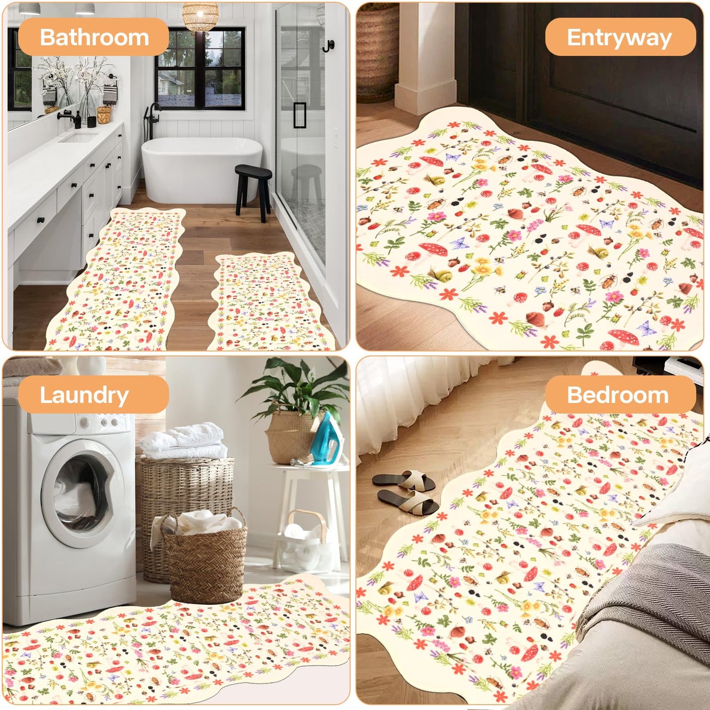 PCSWEET HOME Mushroom Kitchen Rug Set of 3 Scalloped Butterfly Flower Kitchen Rugs and Mats Non-Slip Washable Comfort Standing Mat for Laundry Room, Bar, Office 20 "x32+20 "x47+20 "x59