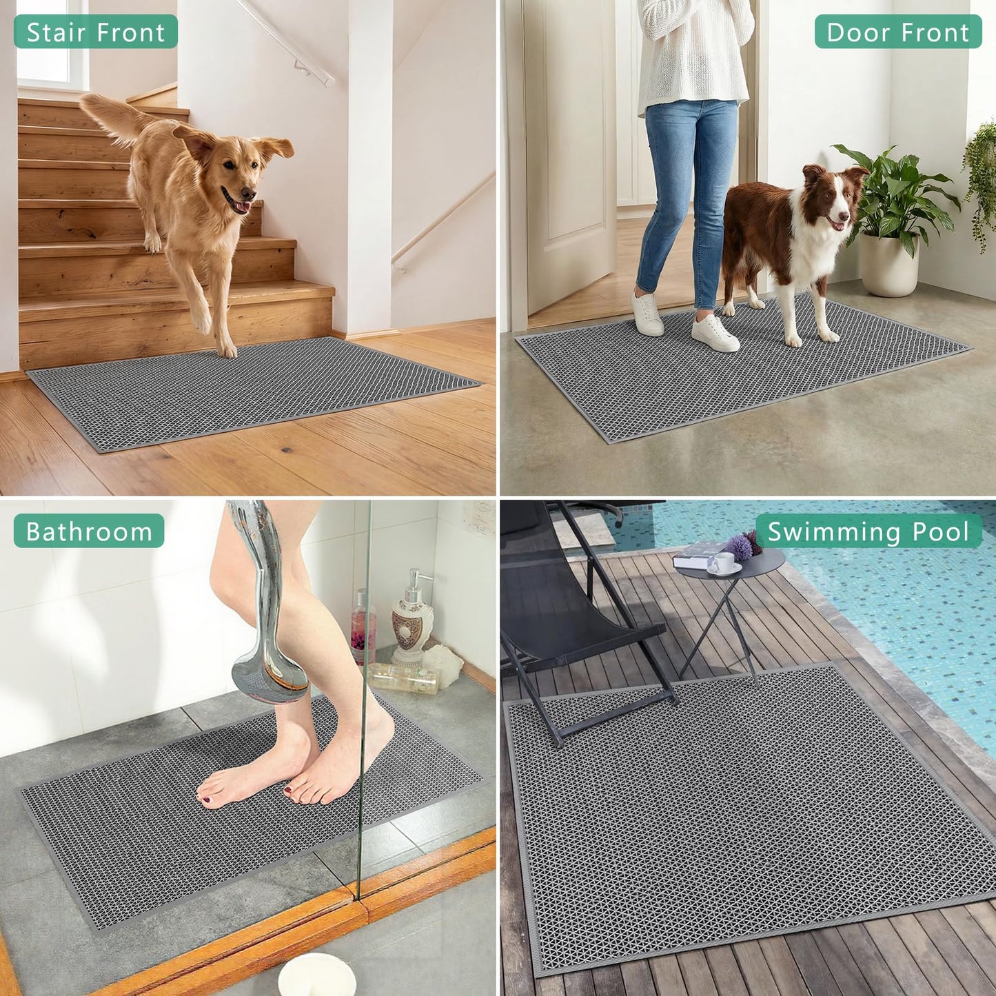 WochiTV Non Slip Drainage Mats, Front Door Mat, PVC Pool Floor Mat 0.2'' Thick Rubber Outdoor Indoor, Parking Space Mat for Bathroom Garage Basement Backyard Commercial Kitchen, 1.4x2.3Ft Grey