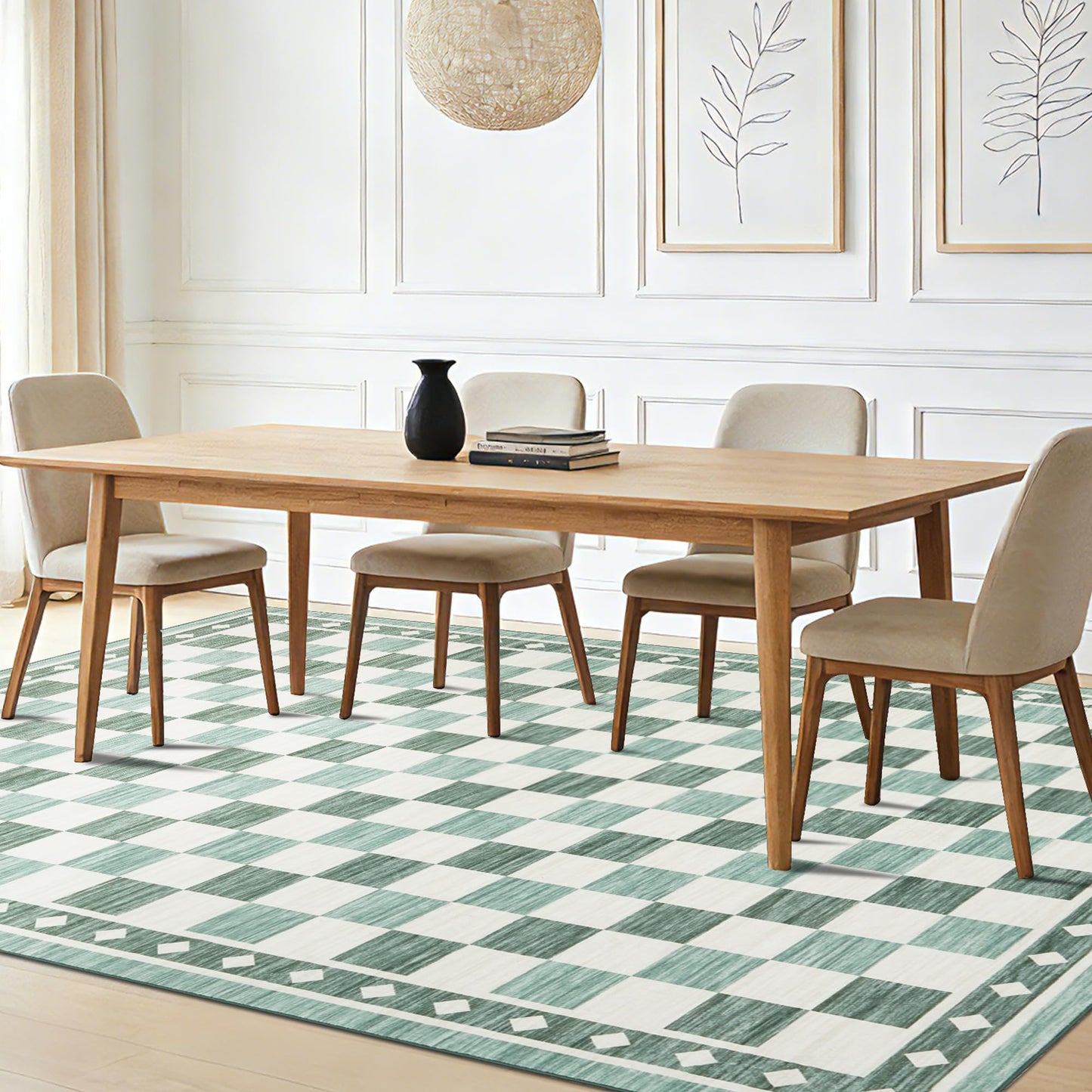 Garvee 9x12 Checkered Area Rug, Washable Soft Rugs for Living Room, Modern Geometric Non Slip Low Pile Carpet for Bedroom, Dining Room, Green