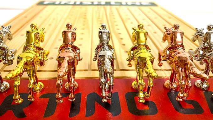 Horse Racing Game for Adults With 11 Luxurious Metal Horses (Silver Black Rose Gold) 22 Pine Wood Race Game Board Dice & Card Included (Log Color3)