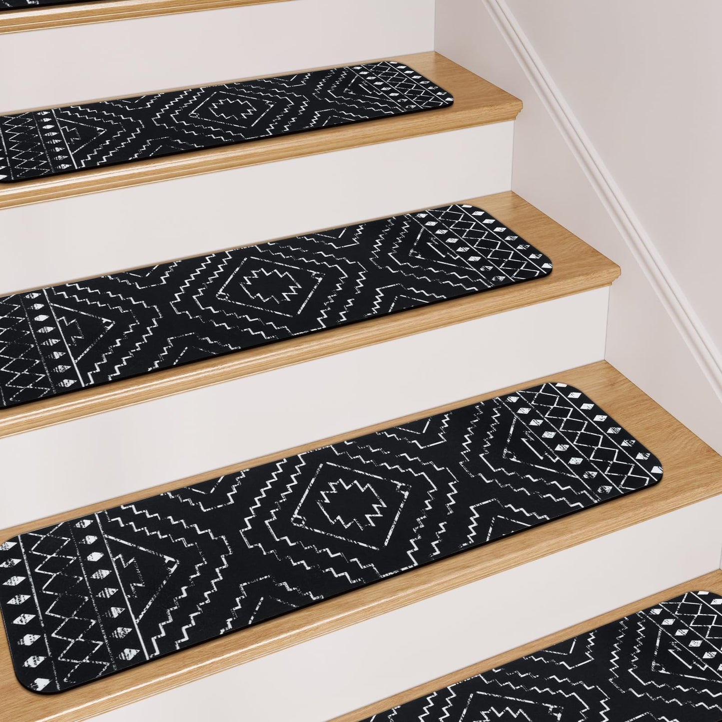 OJIA Boho Stair Treads Non-Slip Stair Runners for Wooden Steps Indoor 15PCS 30"x8" Washable Carpet Stair Treads Stair Mats Staircase Step Treads for Kids, Elders and Dogs, Stair Covers, Black