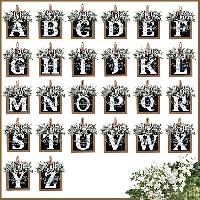 Ultra Large 14'' Last Name All Year Round Front Door Wreath with 26 Initial Letter Welcome Sign All Seasons Eucalyptus Garland and Bow Wreaths for Front Door Porch Farmhouse Decoration (P)