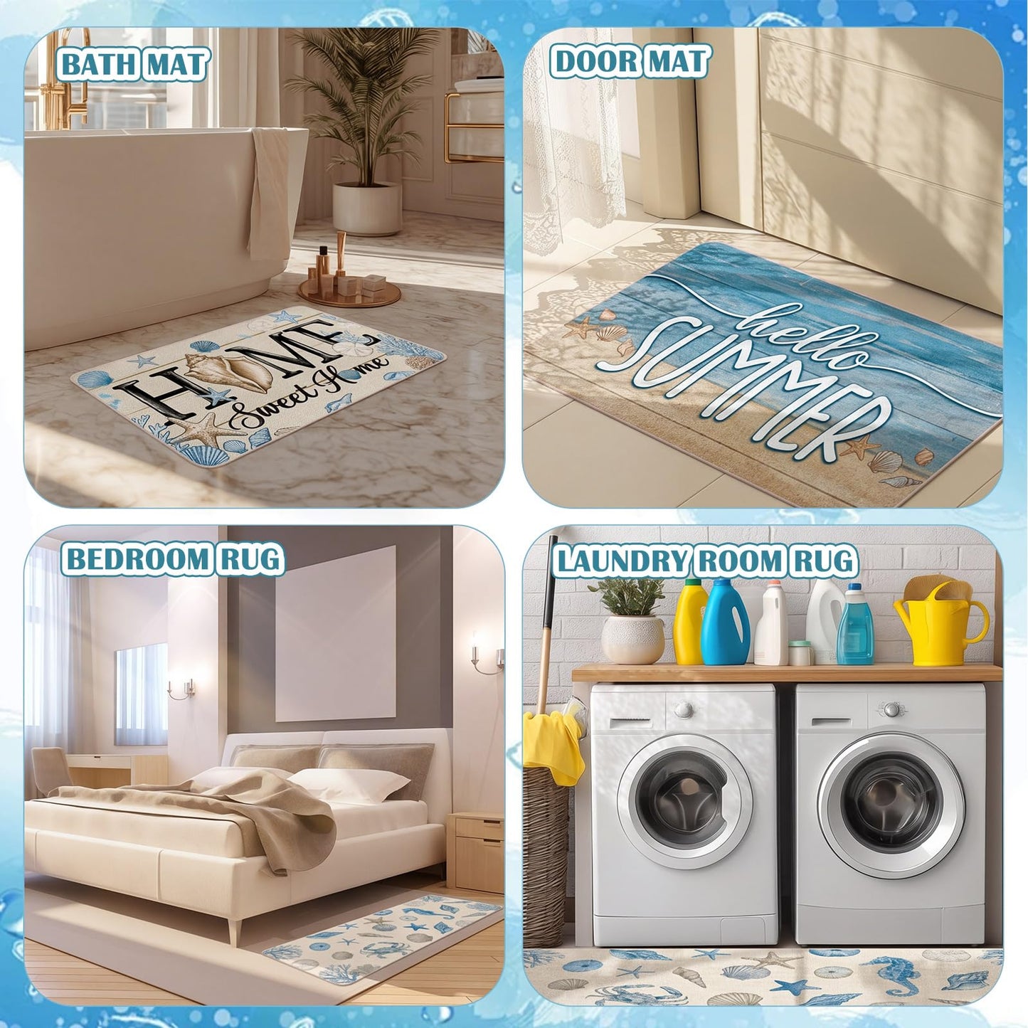 Dunzy 3 Set Coastal Kitchen Rugs Beach Rug Blue Crab Starfish Shell Sea Nautical Absorbent Mats for Sea Kitchen Bathroom Seasonal Home Decor 3 Sizes