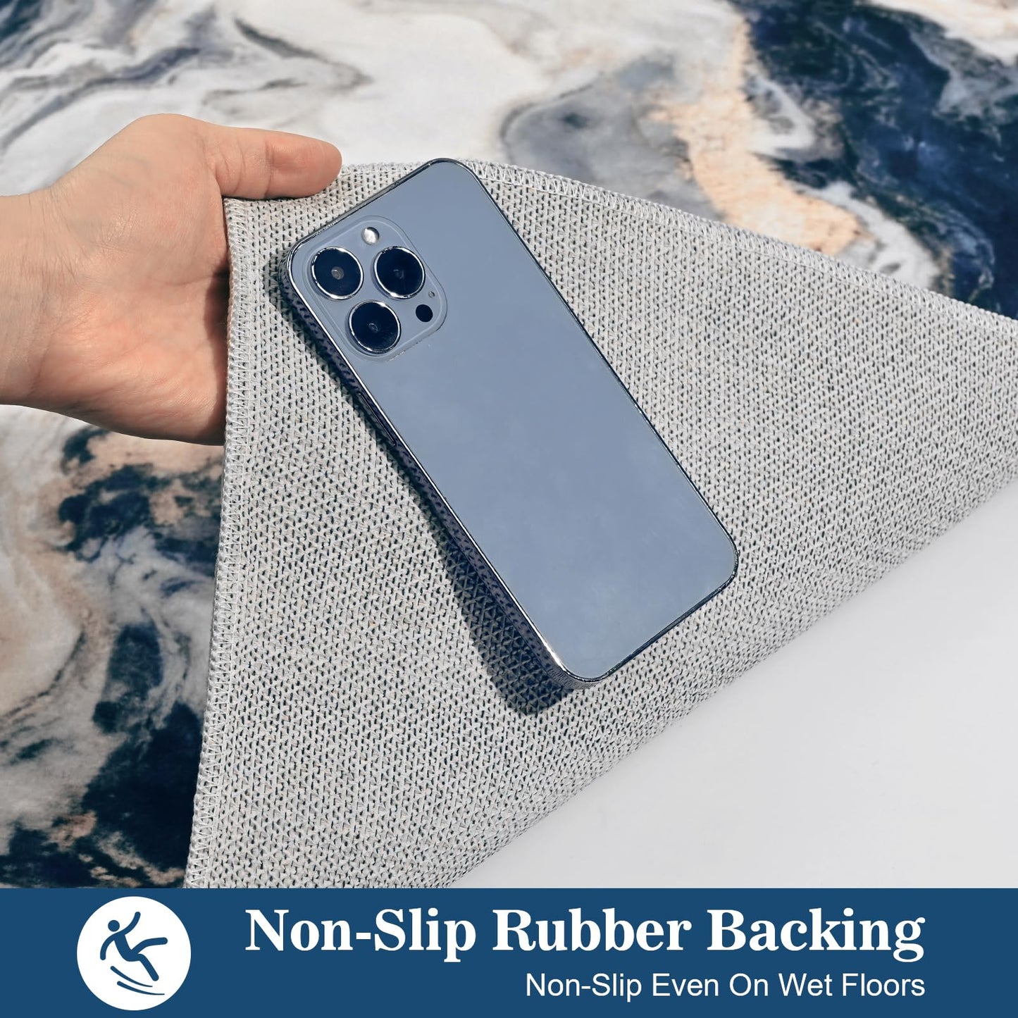Yinhua Marble Rug 5x7, Blue and Gold Washable Rug Non Slip, Soft Faux Wool Modern Rugs Non Shedding, Low Pile Abstract Area Rugs Non Skid, Stain Resistant Floor Carpet for Living Room Bedroom Office