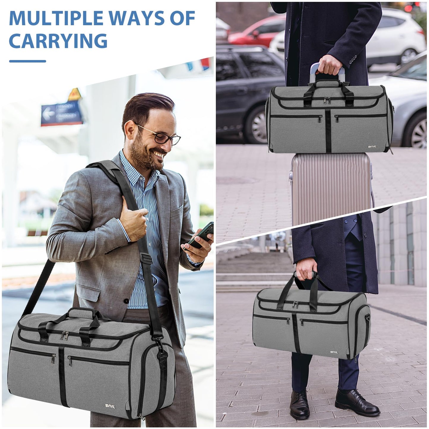 IBVIVIC Convertible Garment Bags for Travel, 2-in-1 Carry On Garment Duffle Bag With Shoe Compartment for Women Men, 50L Hanging Suitcase Suit Travel Bags with Shoulder Strap, Grey