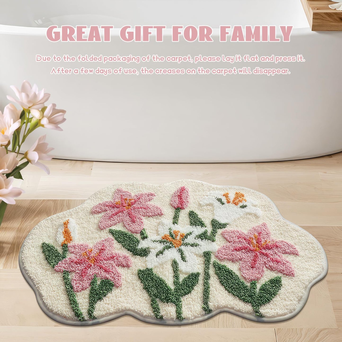 Cloud-Shaped Lily Bath Mat, Soft Non-Slip Fluffy Fresh Flowers Bathroom Rug, Ultra Absorbent Microfiber Shaggy Door Mat, Machine Washable Bath Rug Carpet for Bathtub Bedroom 20x31 Inch (White)