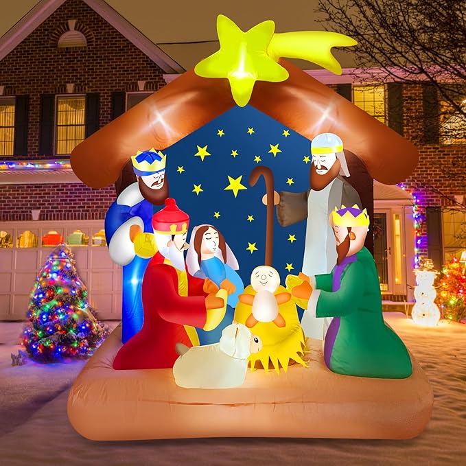 6FT Christmas Inflatable Nativity Scene Outdoor with Build-in LED Light, Large Christmas Decorations Inflatables Nativity Blow Up for Indoor, Outdoor, Garden, Lawn
