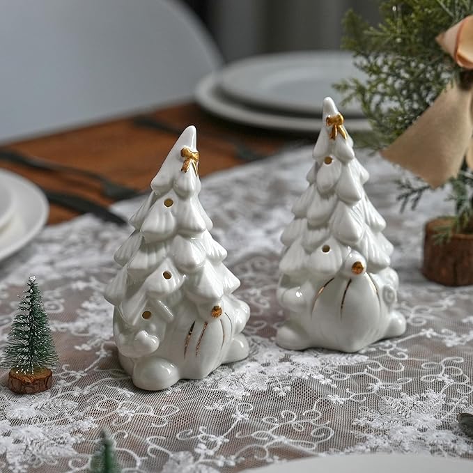 Lighted Christmas Gnome Decoration, 2Pcs White Gnomes Ceramic Christmas Tree with Gold Trims, Small Light Up Gnome Figurines for Prelit Xmas Holiday Table Fireplace Decor