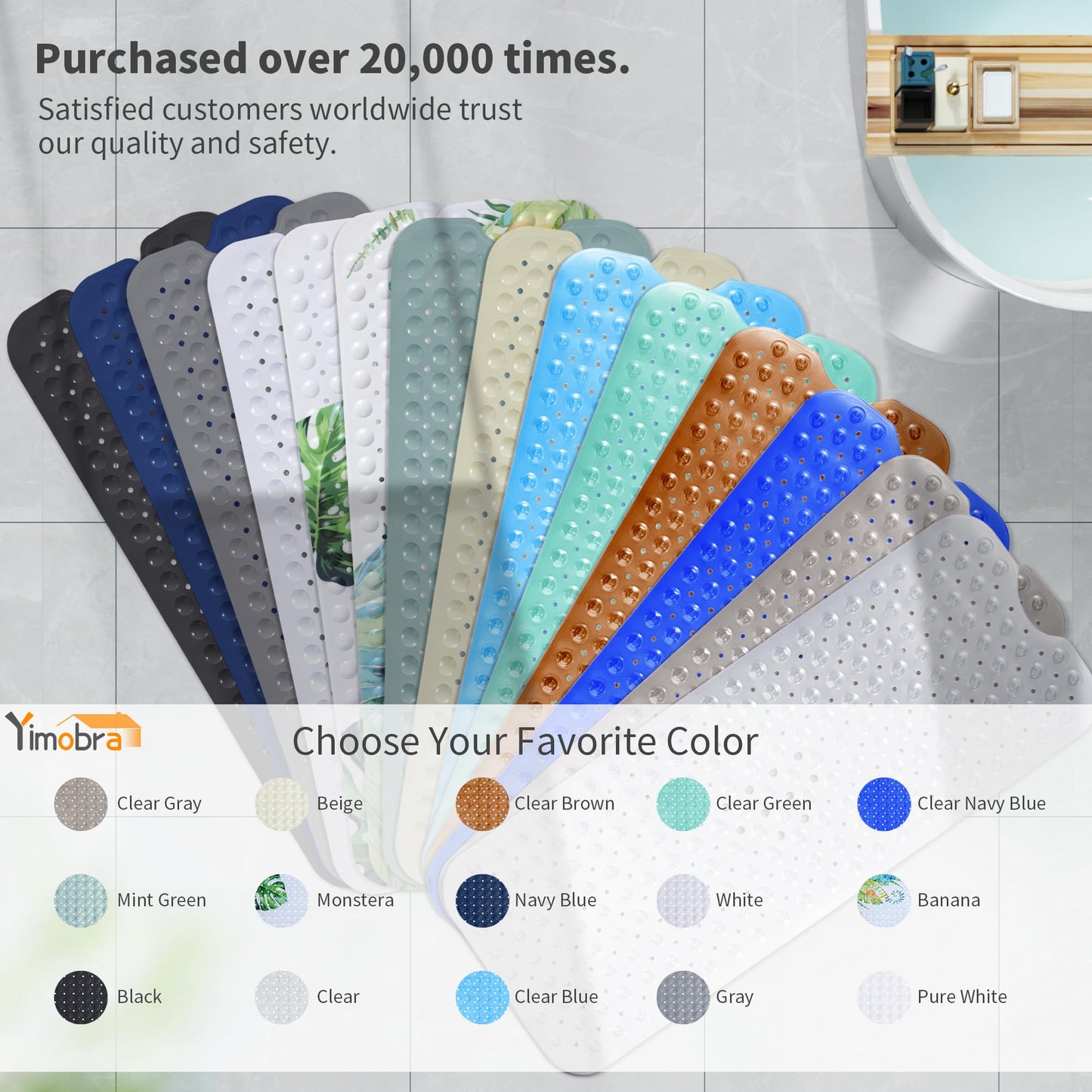 Yimobra Non Slip Bathtub Mat 40 x 16 Inch, Extra Long Shower Mat with Drain Holes, Machine Washable Baby Bath Mats, Strong Suction Cups for Bathroom Floor, Clear Grey