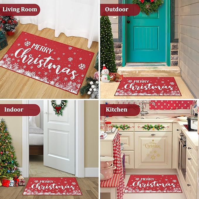 CAROMIO Christmas Doormat Holiday Door Mat Winter Christmas Snowflake Indoor/Outdoor Welcome Mat Floor Doormat for Home Decoration Christmas Rug Entryway Front Porch Decor, Red, 17x29 Inch