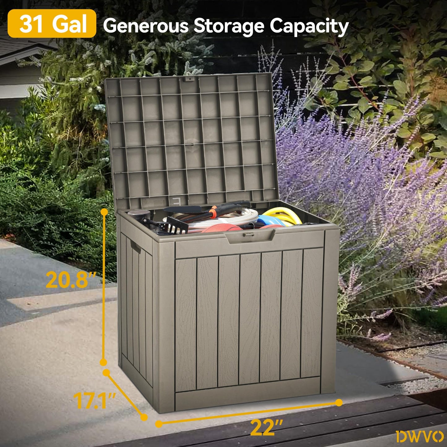DWVO 30 Gallon Outdoor Storage Box, Weatherproof Lockable Resin Deck Box for Patio Furniture, Pool Accessories, Garden Tools, and Supplies - Brown