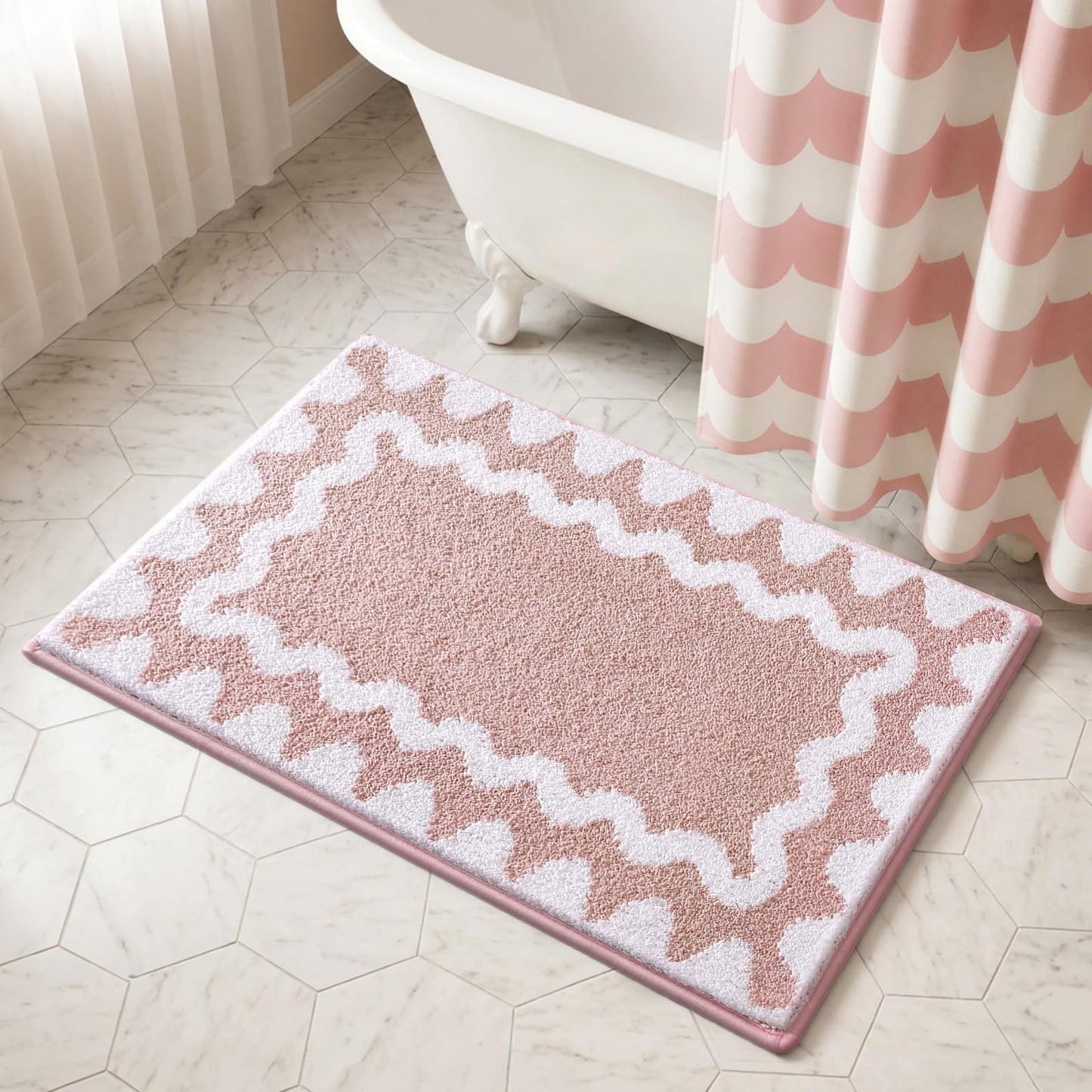 Findosom Scalloped Bathroom Rugs Sets 3 Piece, Absorbent Soft Non-Slip Washable Microfiber Shaggy Bath Mat Set with Bathroom Runner Rug, U-Shaped Toilet Rugs, Shower Rug, Pink-White