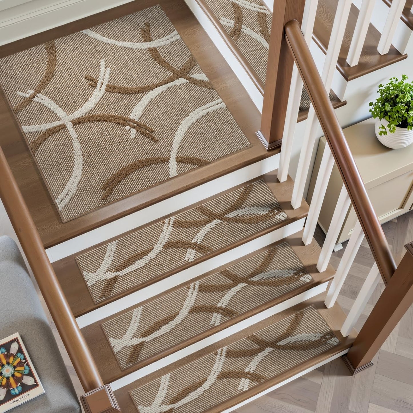 PADOOR Stair Treads Non Slip 15 PCS, 3D Peel and Stick Stair Treads for Wooden Steps Indoor, Residue-Free Adhesive Stair Runner for Kids, Elders & Pets, Washable Carpet for Stairs,8"x30",Brown