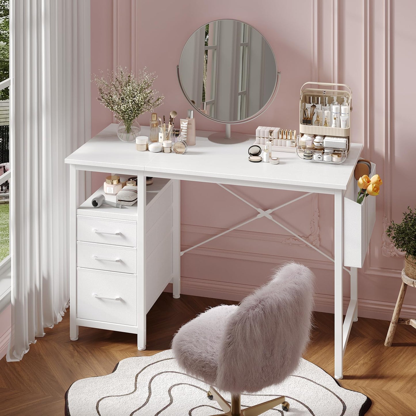 DUMOS Computer Desk with Storage, Small Home Office Desk with 3 Fabric Drawers & Side Pocket, Space Saving Writing Desk for Apartment, Dorm, Gaming Workstation, 39" White