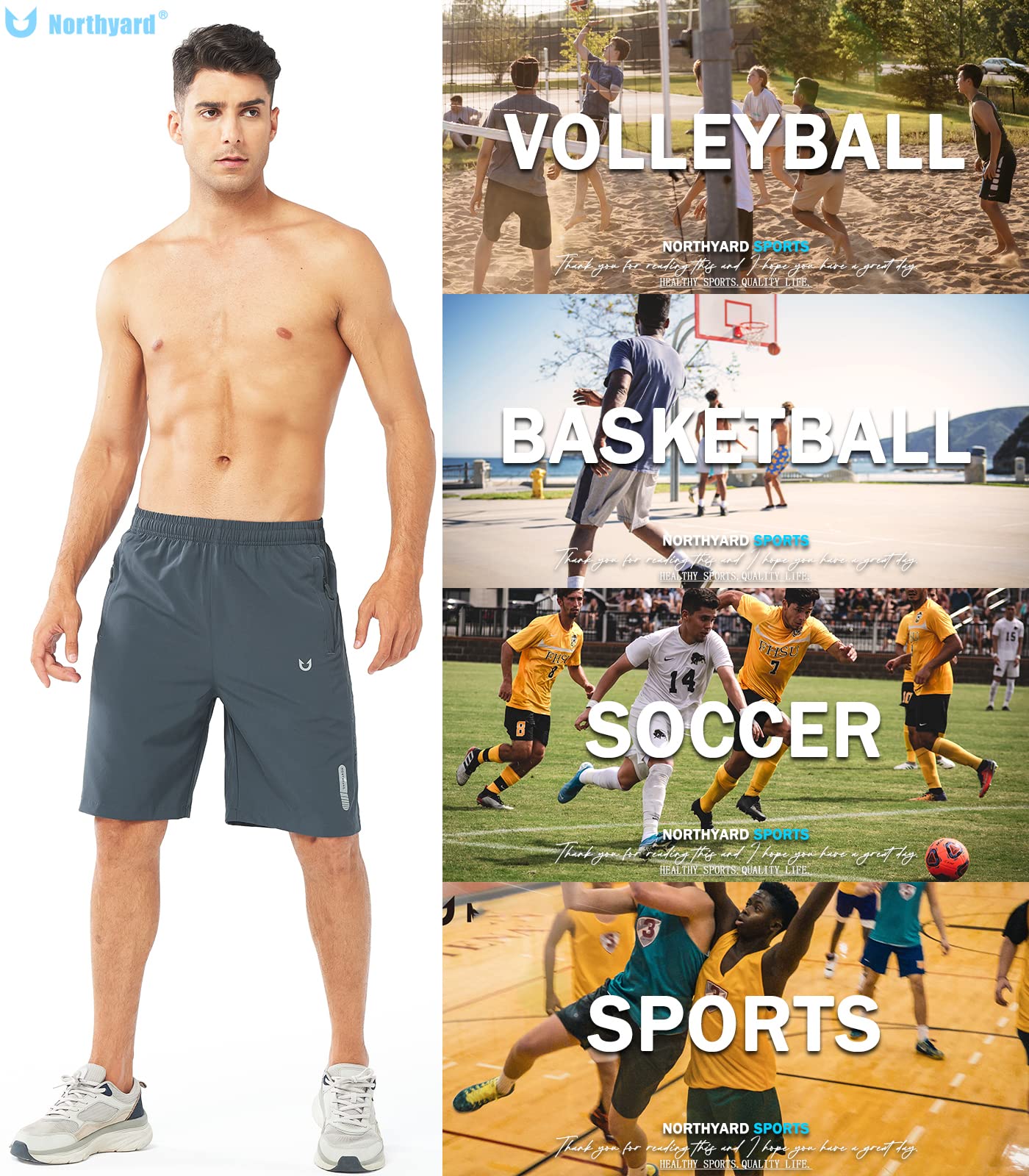 NORTHYARD Men's Athletic Running Shorts Gym Workout 7"/9"/5" Quick Dry Lightweight Sports Basketball Tennis 3 Zipper Pockets COOLGREY-9inch M