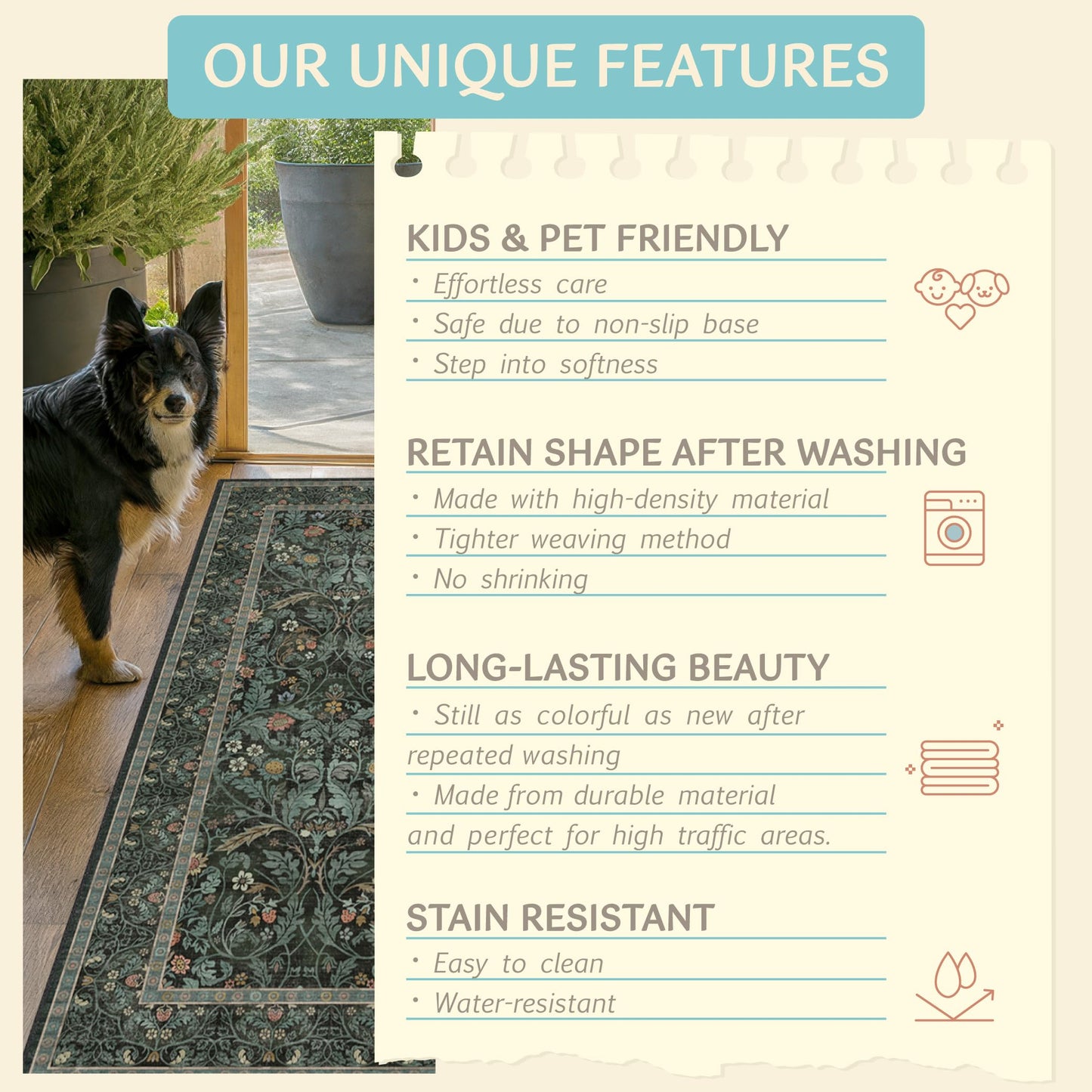 Washable Rugs for Living Room Dining Room 6x9 Stain Resistant - Non Skid Floral Area Rug, Low Pile & Soft Bedroom Under Bed Carpet, Botanical Funky Dark Green Mats