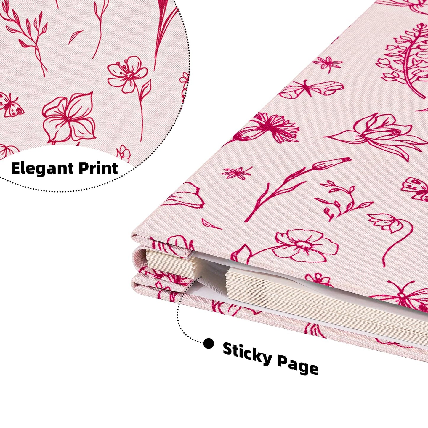 Vienrose Self Adhesive Photo Album for 4X6 8X10 Pictures, Linen Cover Scrapbook Pink Flower Printed Memory Book, 40 Blank Pages with A Metallic Pen for Baby Family Graduation Wedding Memories