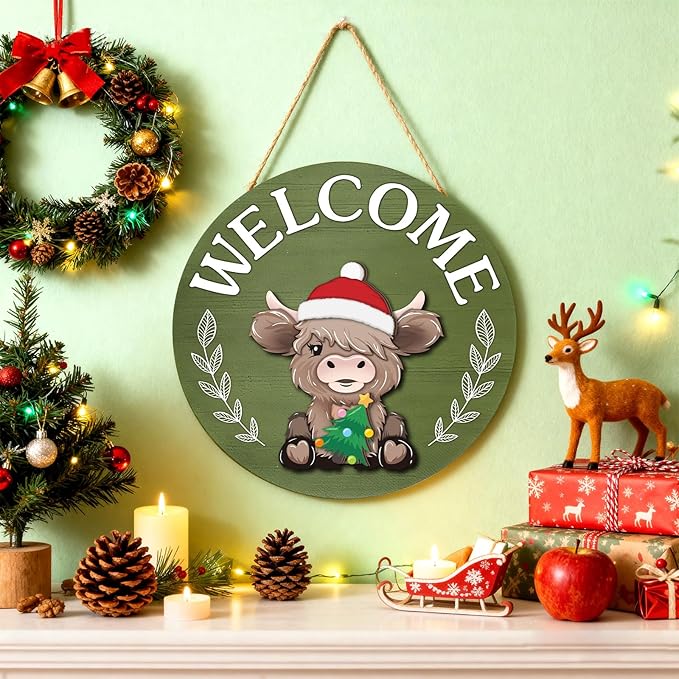 35 Pcs Christmas Interchangeable Highland Cow Welcome Sign Highland Cow Seasonal Wooden Hanging Door Decor Thanksgiving Farmhouse Hanging Sign for Front Door Xmas Party Decoration Gift(Grass Green)