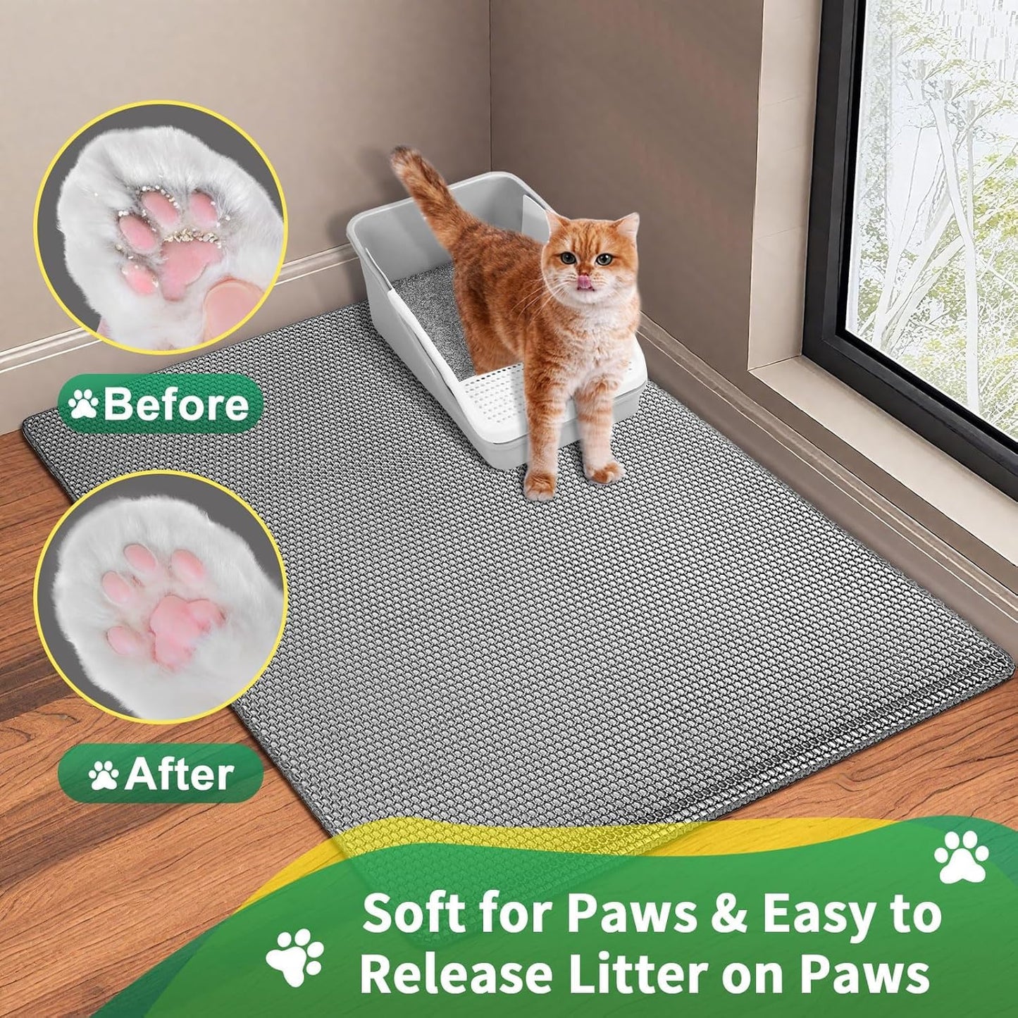 GRELY Cat Litter Mat, 25x16 Inches Litter Box Mat, 2 Layer Litter Trapping Mat for Indoor Cats, Litter Catcher Mats Non-Slip Waterproof Urine Proof Collapsible