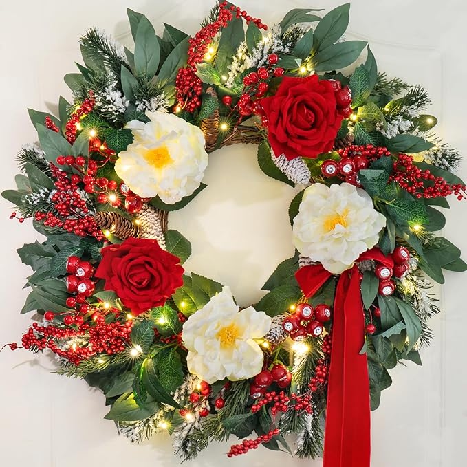 Prelit Christmas Wreaths for Front Door 24 Inch Holiday Wreath with Red Roses, White Peonies, Red Berries, Greenery & Velvet Bow Christmas Door Wreath Indoor Outdoor