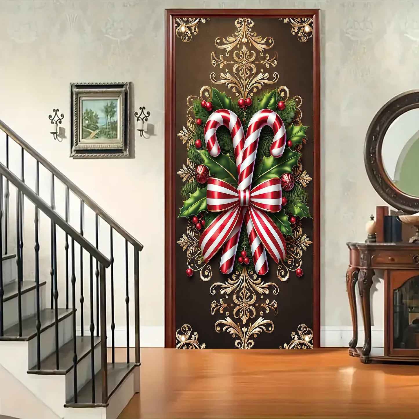 Saoplasa Christmas Door Cover Candy Cane Bow Banner 71 x 35 Inch Holiday Peppermint Stripe Wall Hanging with Holly Leaves Ornaments for Winter Wonderland Xmas Front Door Decor Photo Backdrop