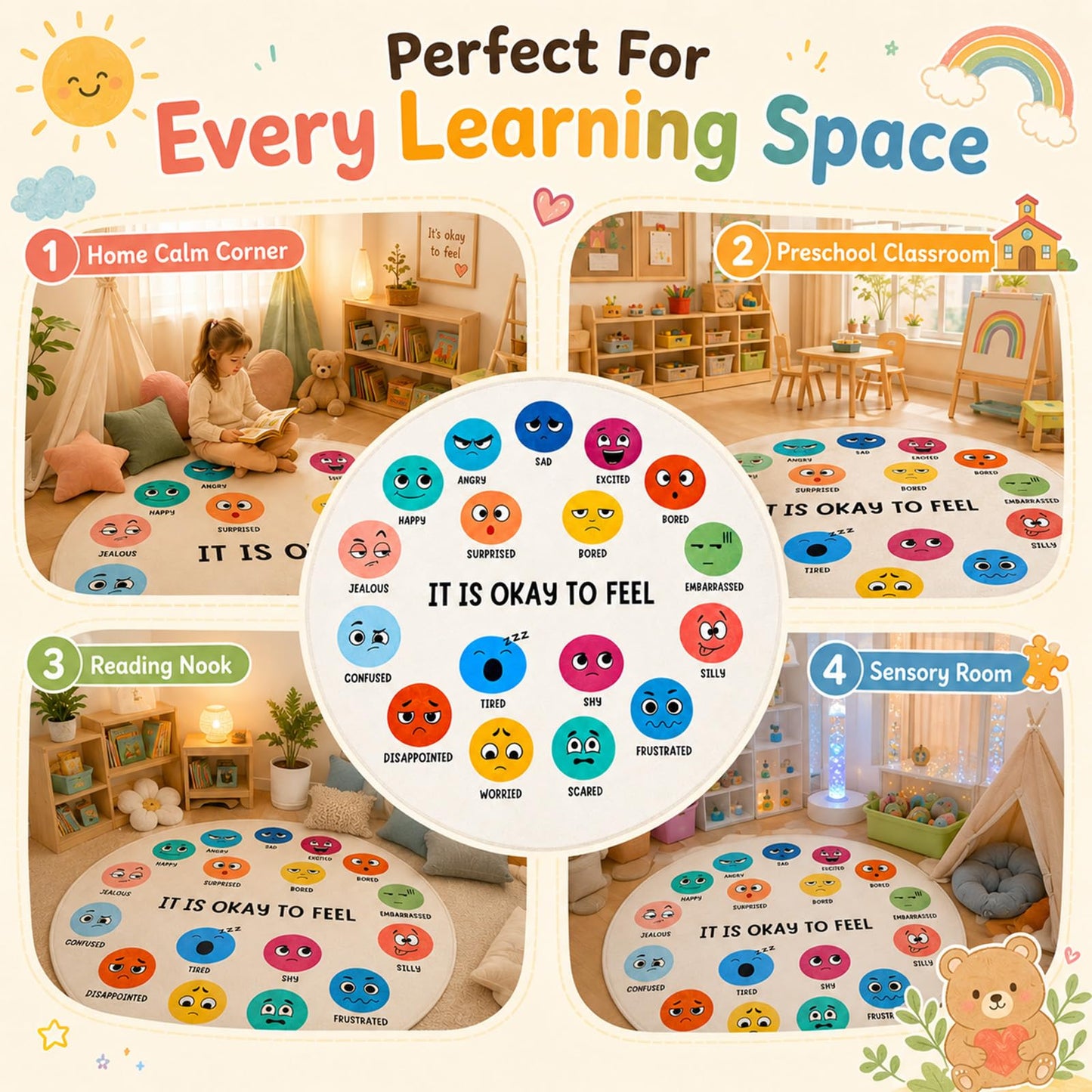 Breling 6 ft Round Calming Corner Rug for Classroom, Feelings Chart Emotion Mat, SEL Circle Time Rug for Kids, Soft Washable Non Slip Sensory Mat Reading Nook Preschool Homeschool Playroom