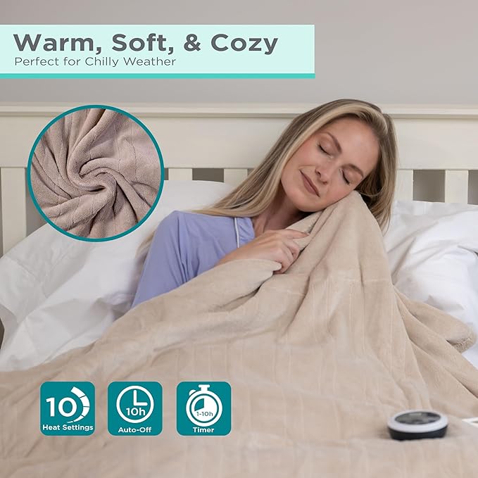 BLACK+DECKER Heated Blanket Electric Twin, Micro Plush Electric Blanket, Heating Blanket with 10 Heating Levels, 10H Timer, Auto Shutoff, Fast Heating (84x90 inches, Cream)