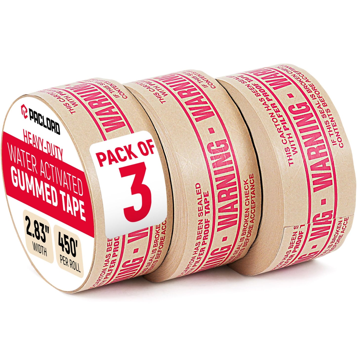 2.83" x 450' Water Activated Kraft Tape, Pack of 3 – Reinforced Gummed Paper Packing Tape for Shipping Boxes, Tamper-Proof, Eco Friendly, Strong Seal, Printed - Warning Tape
