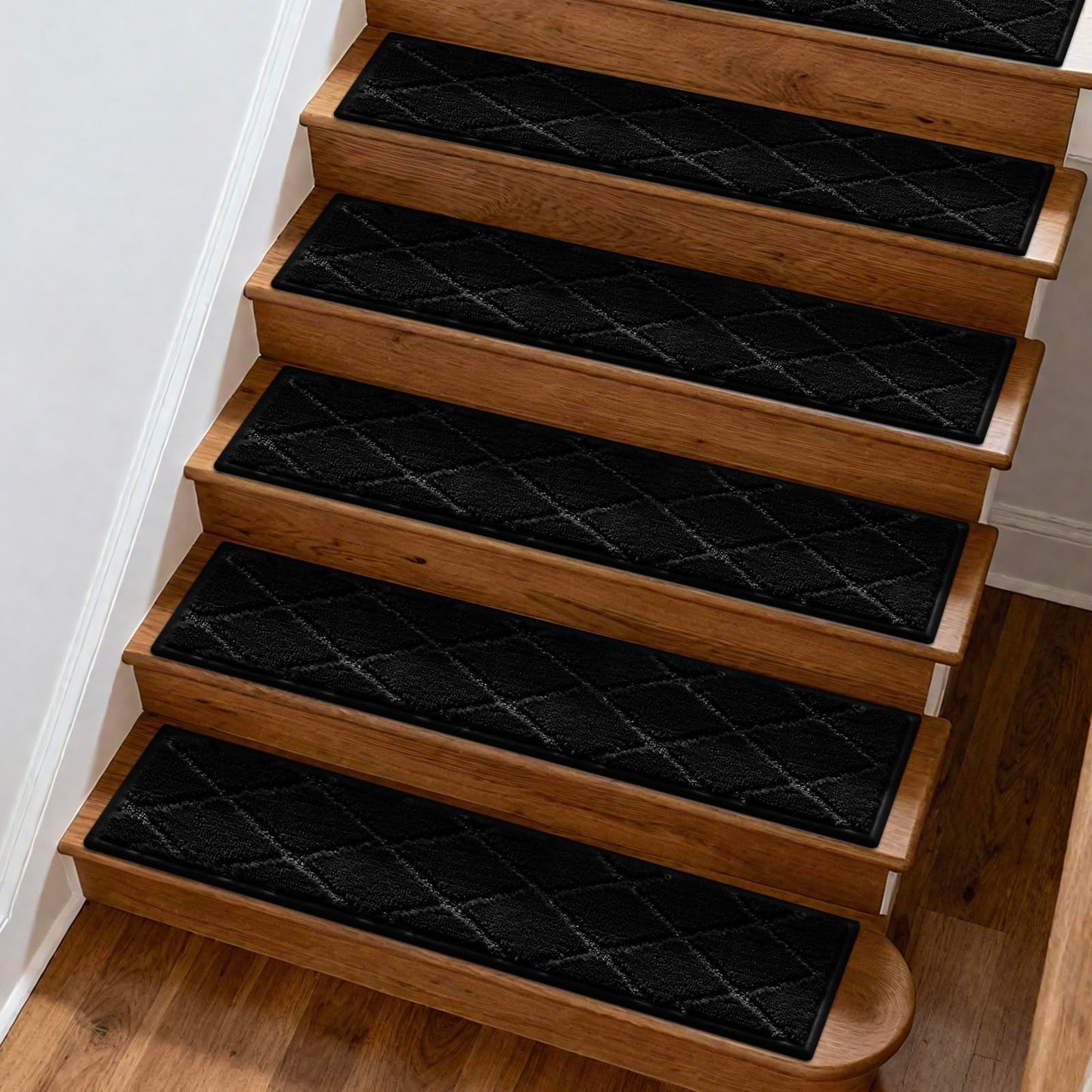 CELION Edged Non-Slip Stair Treads for Wooden Steps (30x8 Inches), 13mm Thick Tufted Carpet Mats, Indoor Stair Runners for Pets & Kids, 100% Polyester TPR Backing – No Residue (Black, 12pc)