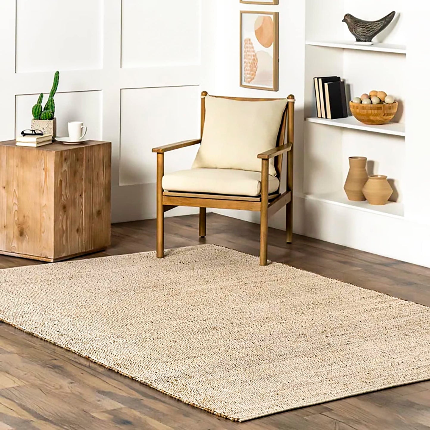 SISOSU Jute Cotton Area Rug, Hand Woven Traditional Farmhouse Rug for Living Room, Bedroom, Dining Room & Entryway, Natural Beige Home Décor Carpet, Eco-Friendly, 5 x 8 Feet