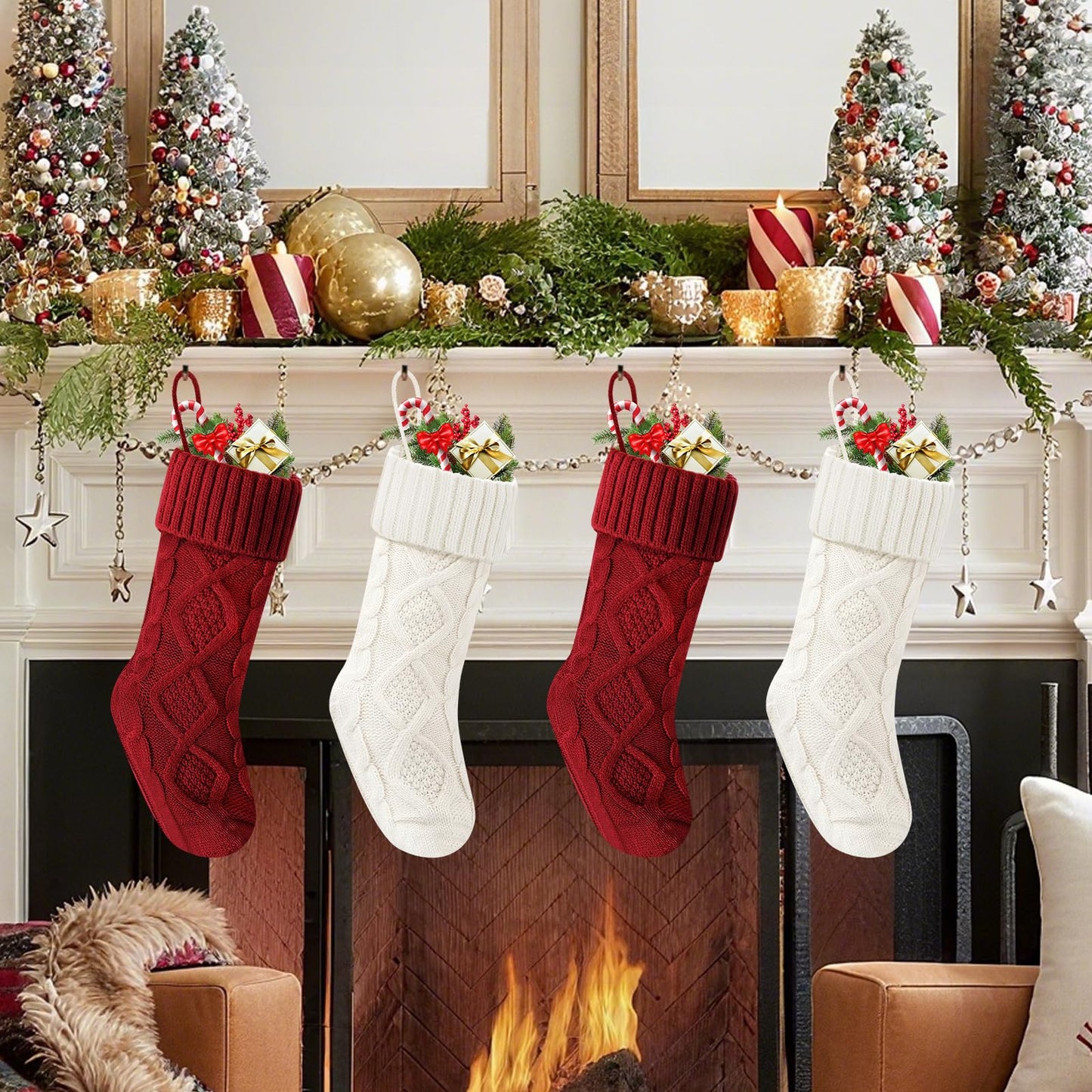 Doitory Christmas Stockings 18 Inches,Long Knitted Socks Christmas Decoration Hanging Stocking Fireplace Xmas Tree Stocking for Home Family(2red+2white)