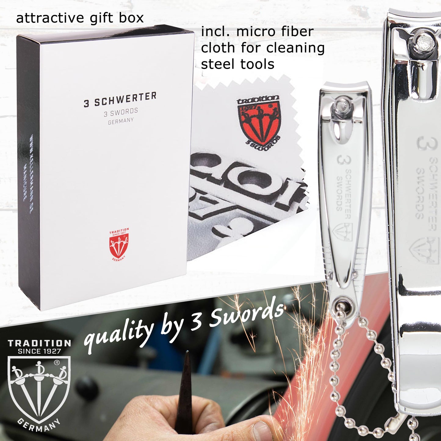 3 Swords Germany - brand quality 3 piece manicure pedicure grooming kit set for professional finger & toe nail care tool clipper fashion leather case in gift box, Made by 3 Swords (00811)