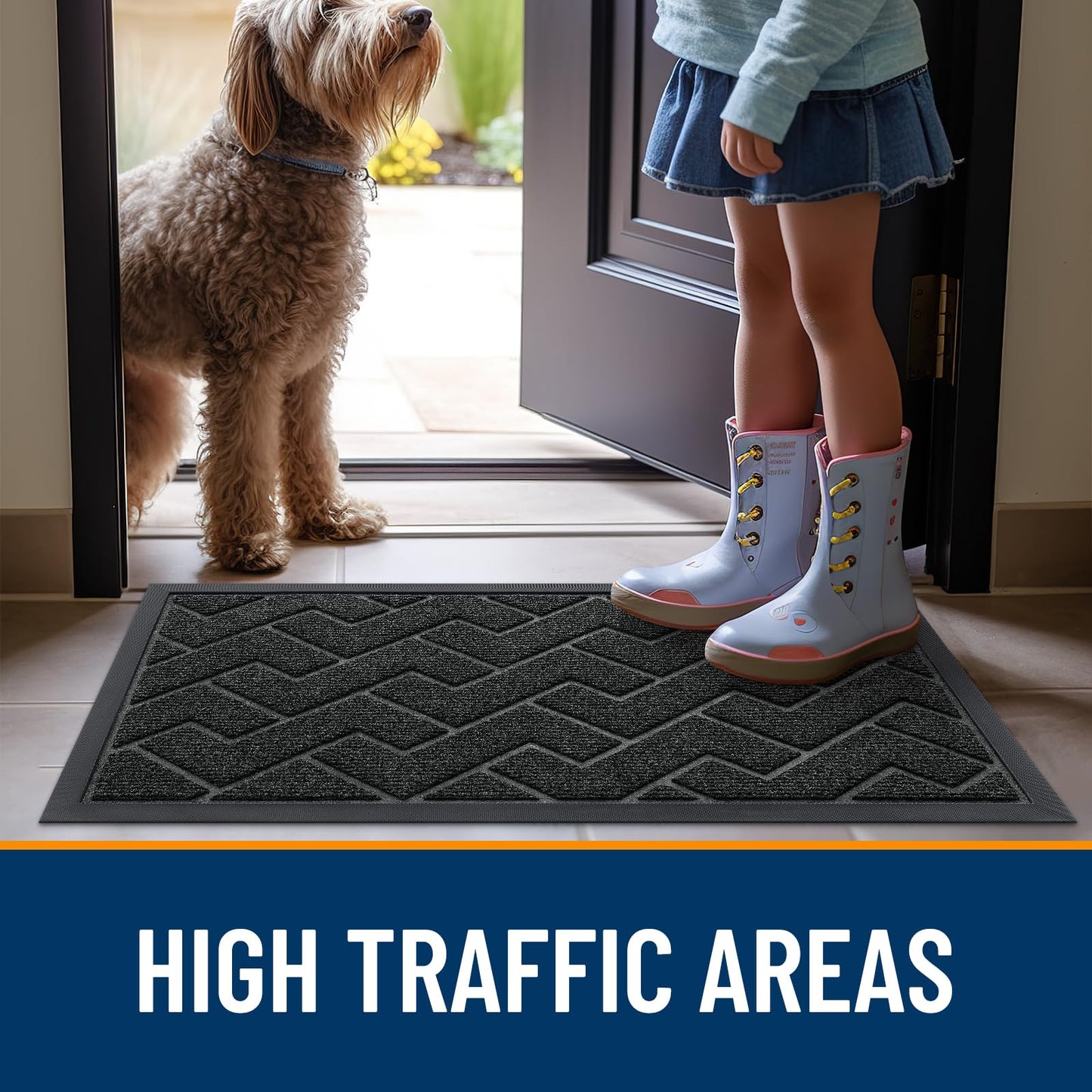 OLANLY Front Door Mat Indoor Outdoor Entrance, Welcome Door Mat and Waterproof All-Weather All-Season Doormat Size 47x32 in Black, 2 Item Bundle