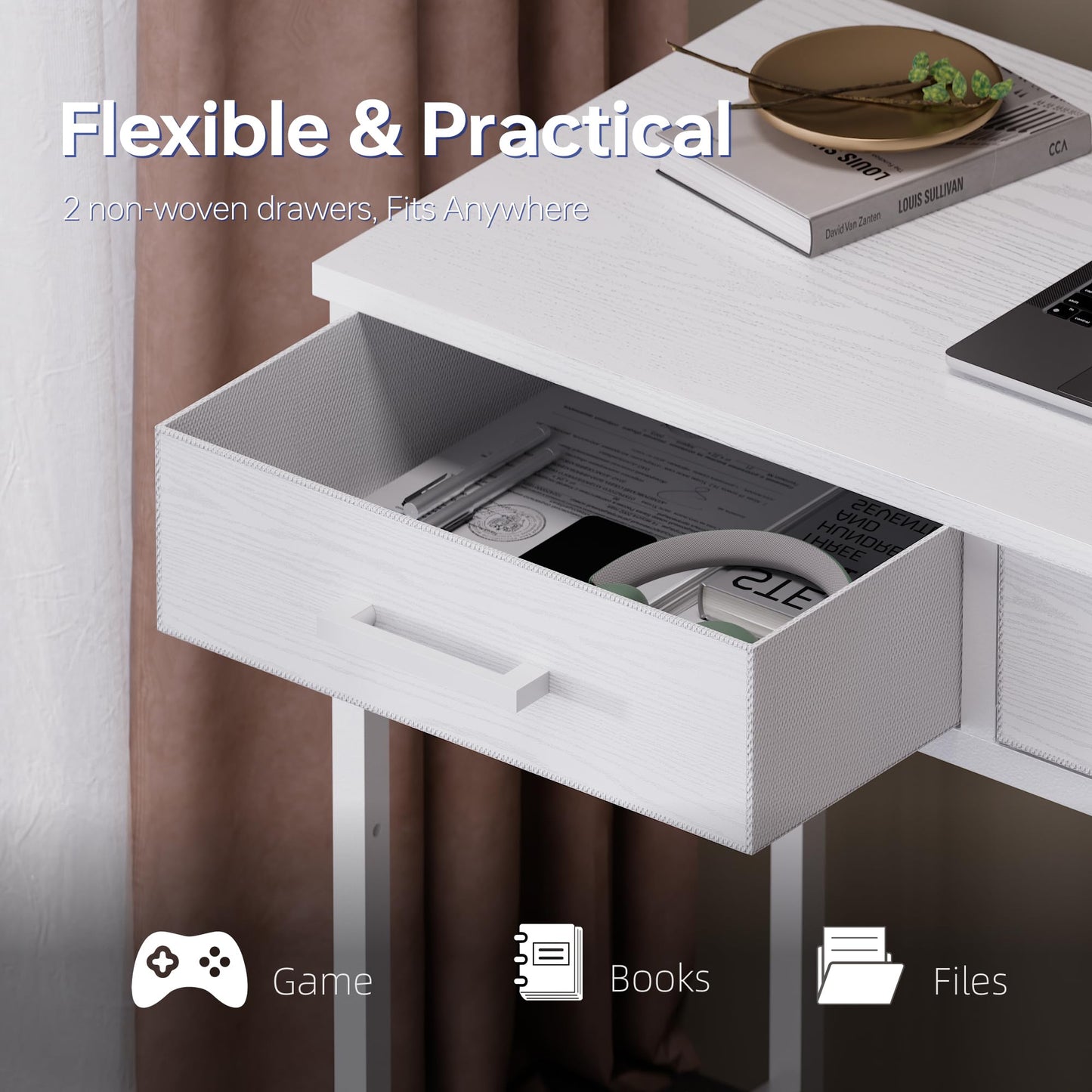Pamray 32 Inch Small Computer Desk with 2 Drawers for Bedroom Study Writing Home Office Table for Small Spaces White