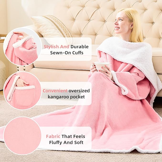 IFNOW Sherpa Wearable Blanket with Sleeves for Women Men Adults, Cozy Wearable Blanket with Arm and Pocket, Warm Full Body TV Wrap Throw Blanket, Soft Robe Blanket as Gifts for Mom Wife, Pink