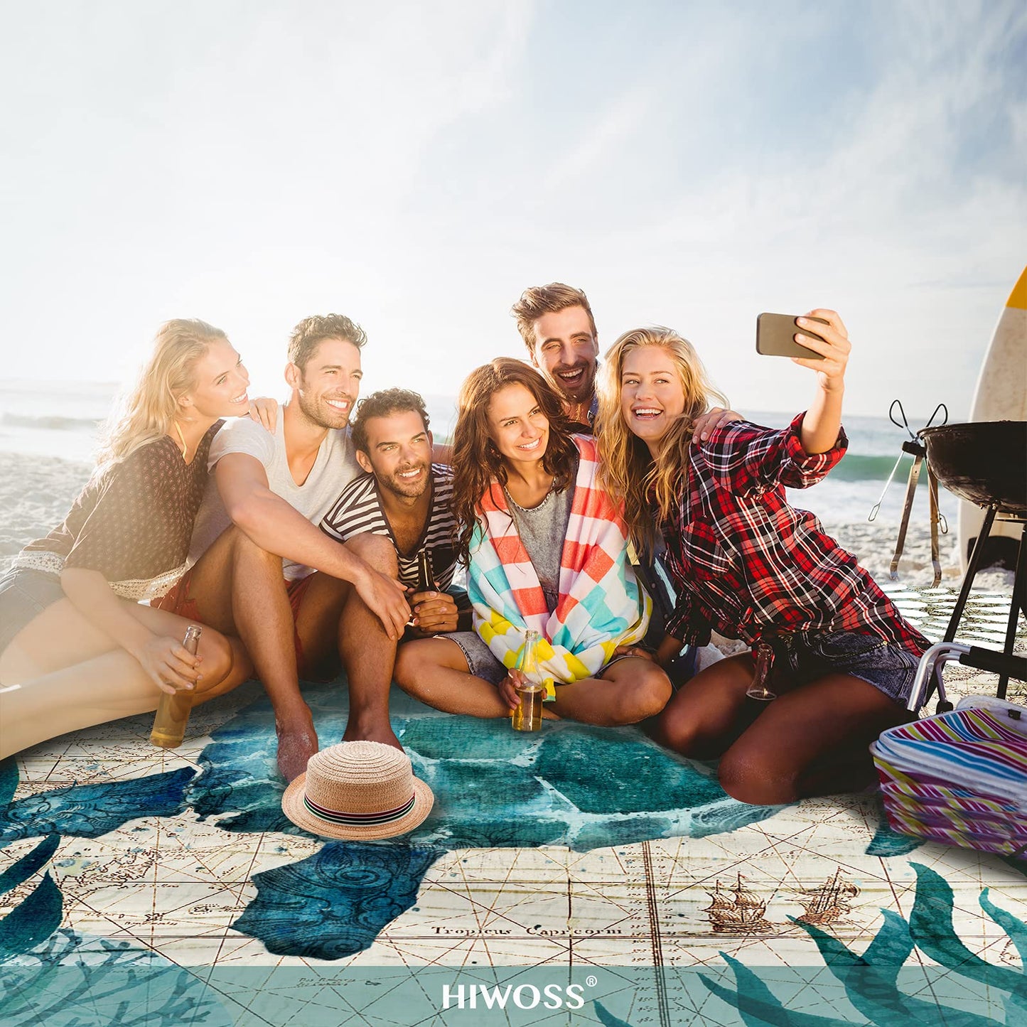 Hiwoss Beach Blanket Waterproof Sandproof Oversized 95”x 80”,Sand Free Beach Mat with Corner Pockets,Portable Mesh Bag for Beach Festival,Picnic,Travel and Outdoor Camping (Seaturtle)