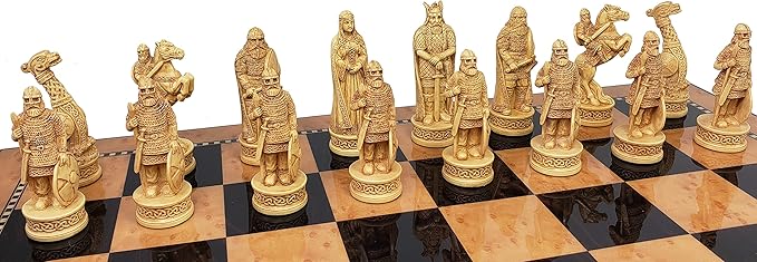 Antique Ivory & Brown Norse Viking Chess Set with 18 inch Walnut Color Board