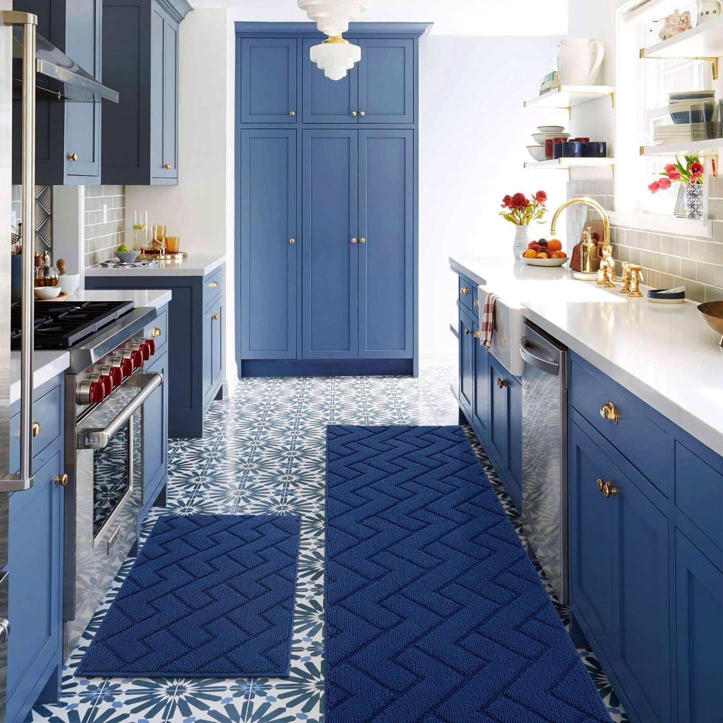 hicorfe Kitchen Runner Rugs and Mats Sets,2 Pieces Absorbent Non-Slip Kitchen Rug,Comfort Kitchen Mat for Floor,Washable for Kitchen,Hallway,Office,Sink,Laundry(24"x35"+24"x35",Navy Blue)