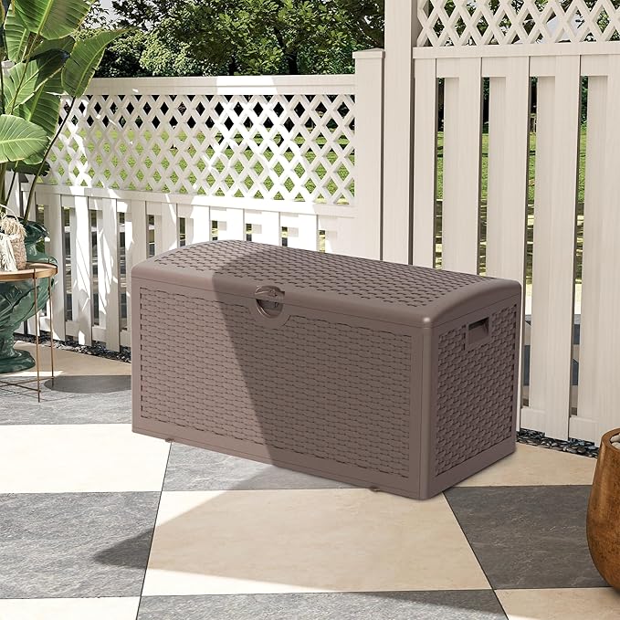 Upgrade 80 Gallon Waterproof Large Resin Deck Box Indoor/Outdoor Lockable Storage Container and Seating for Garden, Pool, and Patio (80 Pro Gallon, Brown)
