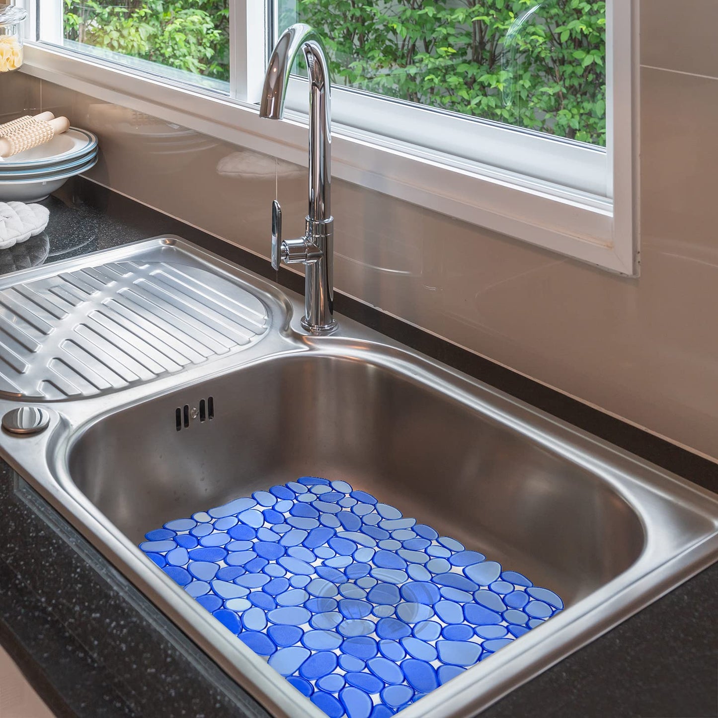 Coopay Sink Mat Pebble Sink Protectors for Kitchen Sink, PVC Eco-friendly Adjustable Stainless steel Porcelain Dish Drying Pad, Protector for Bottom of Kitchen Sink, 15.8 x 11.8 inches (2 Pack, Blue)