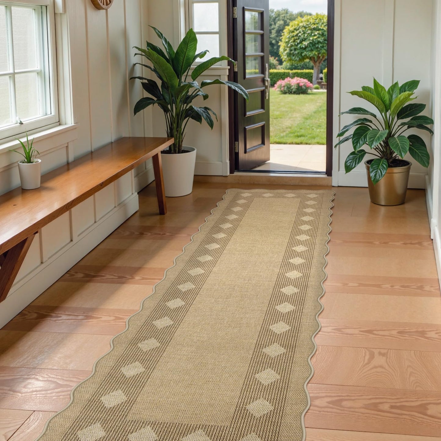 LIVEBOX Easy Jute Diamond Runner Rug for Kitchen, Scalloped Washable 2x8 Tan Rugs for Hallway Entryway, Geometric Checkered Indoor Outdoor Non Slip Rug Farmhouse Carpet Area Rugs for Porch Floor Mat