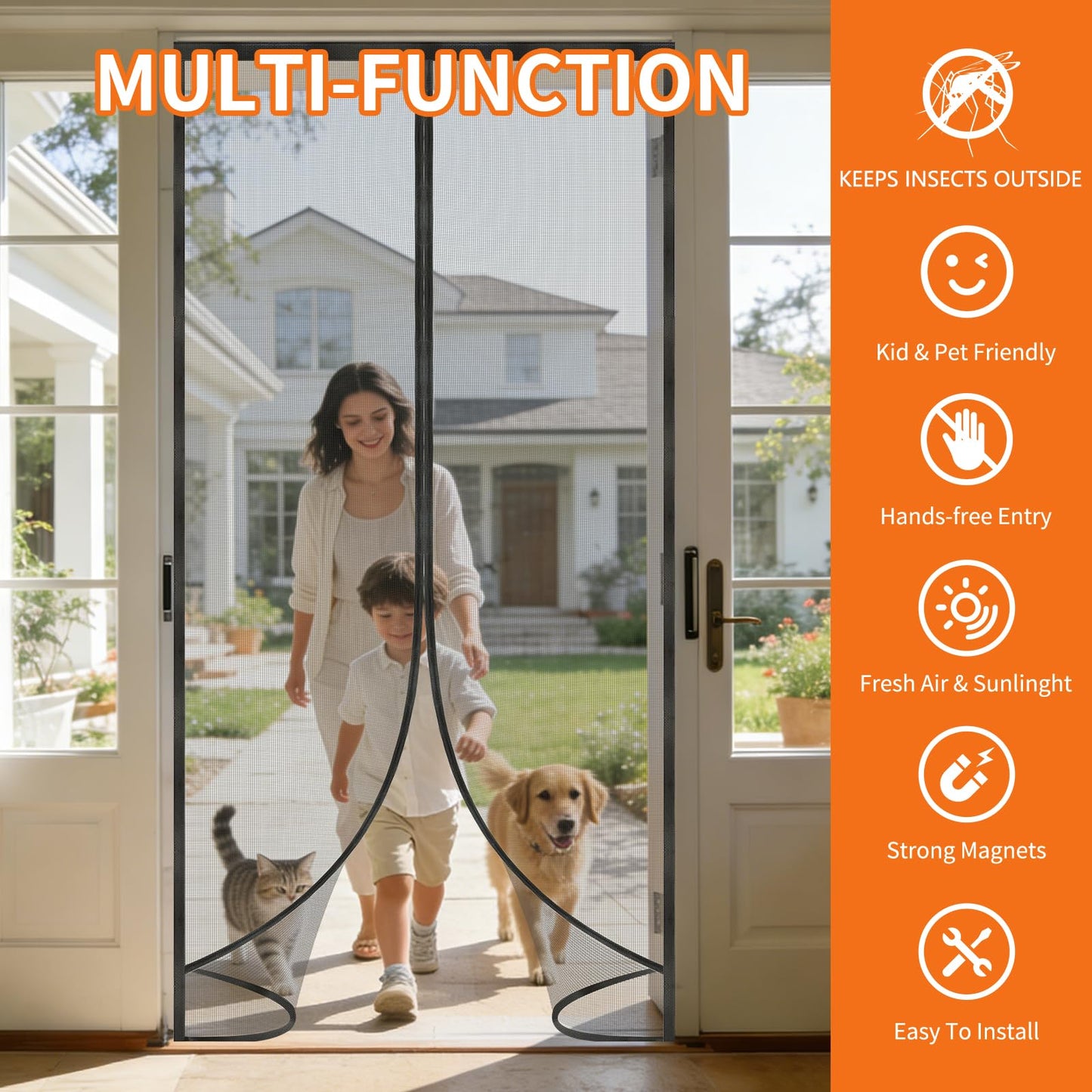 Magnetic Screen Door 38'' x 83'', Heavy Duty Fiberglass Screen Mesh for Summer Use,Hands-Free, Pet & Kid Friendly for Patio Sliding & Front Doors (Gray Summer Screen, Fit Door Size 36''x82'')